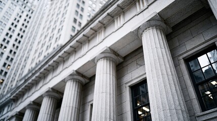 Obraz premium Classic Stone Columns and Tall Buildings Representing Finance, Law, and Government Institutions