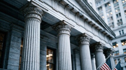 Obraz premium Grand Neoclassical Architecture with Ionic Columns and American Flags, Symbolizing Justice and Authority
