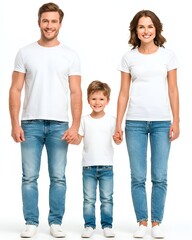 Fototapeta premium Happy family standing together in white t-shirts and jeans, smiling and holding hands on a white background