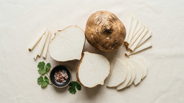 Root vegetable preparation with fresh herb and seasoning