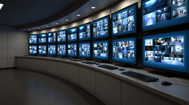 Modern surveillance control room with multiple monitors displaying live security camera feeds