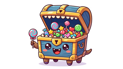 Cute Cartoon Treasure Chest Filled with Colorful Candies and Lollipops © Free vector