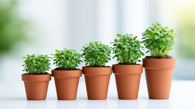 Five terracotta pots with growing green plants in a row, symbolizing financial growth and development