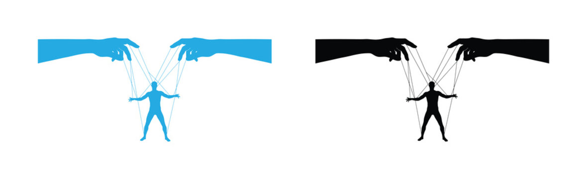 Human Figure icon Puppet Master Hands Controlling Vector Set Featuring Marionette String  Manipulation Concept, and Power Dynamics in Blue, Black Colors, Flat Icons for Psychology, Control, Politics .
