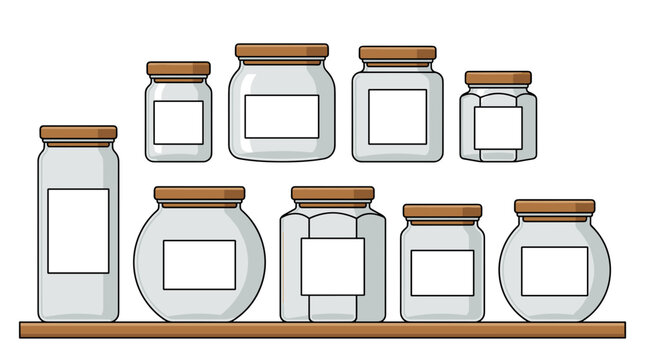 Collection of empty glass jars with wooden lids and blank labels on a shelf
