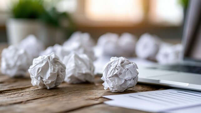 Crumpled paper balls scattered on wooden desk beside laptop and documents symbolizing creative frustration or discarded drafts.