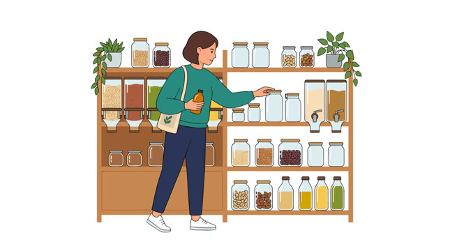 Woman shopping at a zero waste store selecting dry goods from dispensers and jars