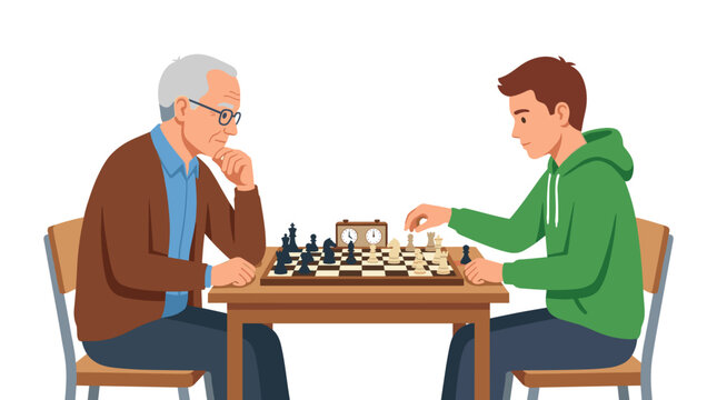 Av&ocirc; e neto jogando xadrez em uma mesa com um cron&ocirc;metro