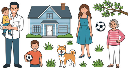 Happy multi generational family standing outside house vector element set with parents children grandmother dog and soccer ball