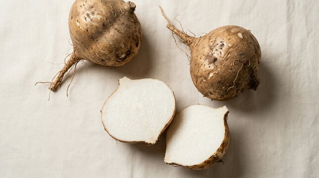 Whole and cut root vegetable with white flesh and brown skin