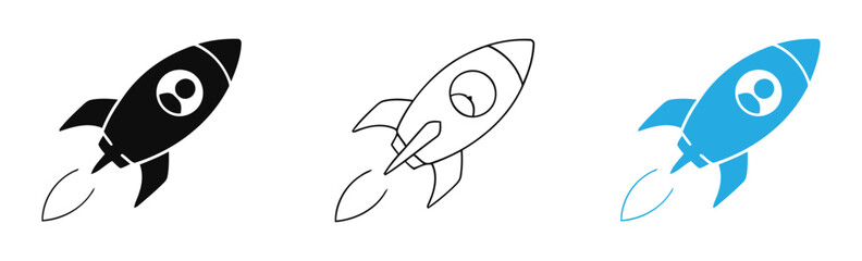 Rocket Launch Icon Space  and Startup Project Vector  Set Featuring Flying Spaceship Symbols in Three Styles Including Black Solid, Black Line Outline, and Blue Graphics for UI UX Design . © Nabila
