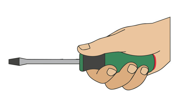 Human hand holding a Phillips head screwdriver with a firm grip in a minimalist flat design style, professional home repair and DIY maintenance concept