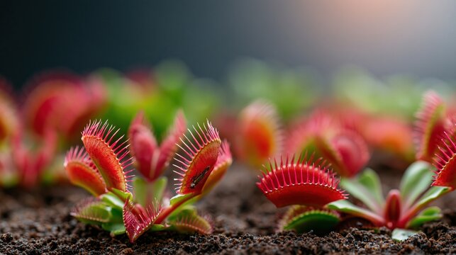 Close-up macro view of vibrant red Venus flytrap carnivorous plants with intricate traps in dark soil