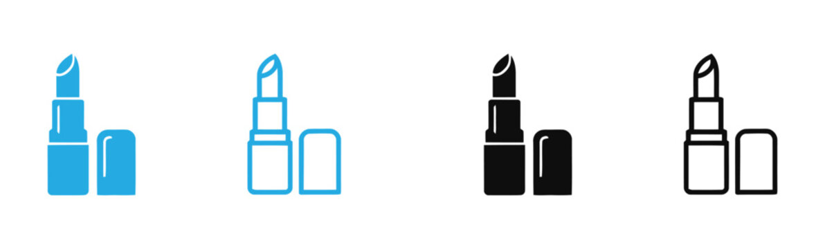 Lipstick Icon and Cosmetics Vector  Set Featuring Open Lip Balm Tube in Four Distinct Styles Including Blue Glyph, Blue Line, Black Solid, and Black Outline Graphics for Beauty and UI UX Design .