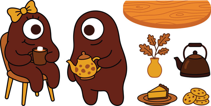 Friendly brown alien characters having coffee time featuring teapot pumpkin pie cookies kettle and table vector illustration