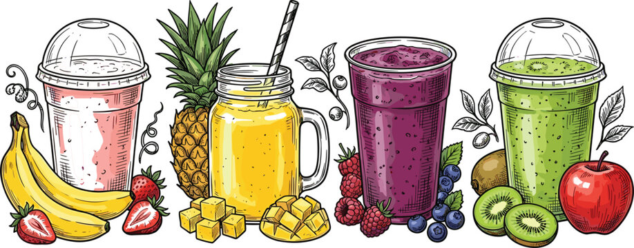 Fruit smoothie vector set with strawberry banana pineapple mango blueberry kiwi apple milkshakes in plastic takeaway cups