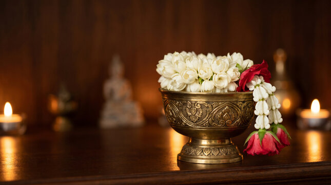 Thai Brass Offering Bowl with Jasmine Garland