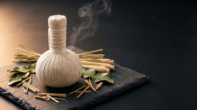 Thai Herbal Compress Ball with Steam on Dark Slate