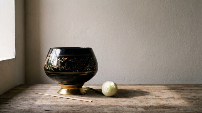 Thai Gold Lacquer Offering Bowl with Lotus Bud