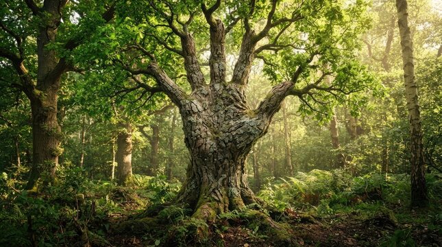 Majestic ancient oak tree with its imposing branches resembling an open hand reaching skyward, standing proudly amidst a vibrant, mystical forest bathed in warm, ethereal golden light