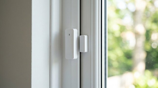 Door and window contact sensor mounted along a white window frame, smart home senior monitoring technology concept