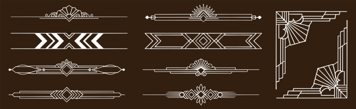 Art deco divider collection with corner frames and geometric headers in white line style.