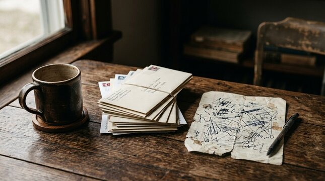 Empty coffee mug beside a stack of unopened mail and a tired handwritten to-do list, caregiver stress and burnout awareness concept