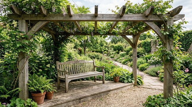 Elevated garden bench with armrests positioned beneath a shaded pergola, respite care and self-care concept