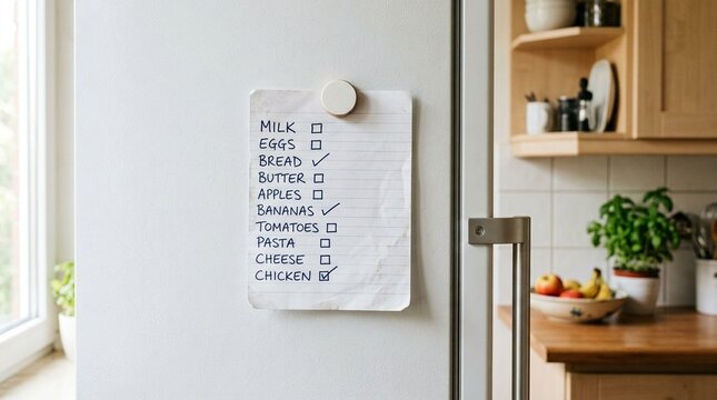 Simplified grocery shopping checklist clipped to a refrigerator door, caregiver organization and planning concept