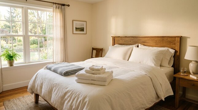 Guest bedroom prepared with fresh folded linens for a respite caregiver, respite care and self-care concept