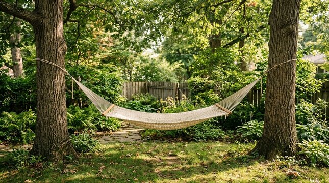 Quiet hammock strung between two trees in a shaded backyard, respite care and self-care concept