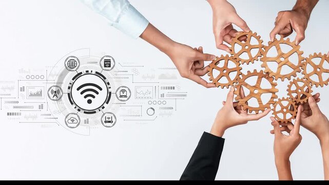 Collaboration and Teamwork in Digital Era with Hands and Wooden Gears Representing Ideas, Innovation, and Connectivity in Workspace. Entropy.