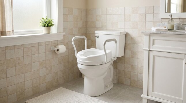 Raised toilet seat with side handles installed in a softly lit bathroom, home mobility and accessibility concept