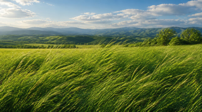 Lush green grass sways gently in wind, creating serene landscape with rolling hills and bright blue sky