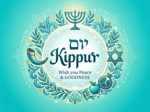 Yom Kippur greeting card with menorah and good wishes. Jewish holiday illustration featuring traditional symbols and blessings for atonement.