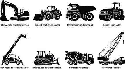 Obraz premium Collection of heavy construction vehicle vector silhouettes with text labels including excavator dump truck crane bulldozer and concrete mixer.