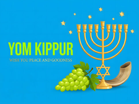 Yom Kippur Jewish holiday celebration with menorah and grapes. Sacred Day of Atonement fasting ritual symbolism for religious observance.