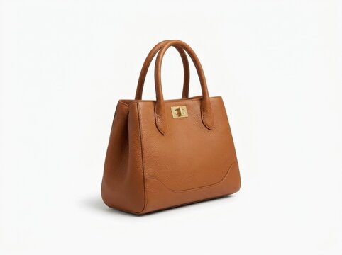 Caramel Leather Handbag with Gold Clasp on White Background