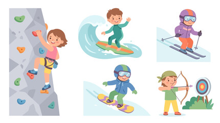 Fototapeta premium Children Engaged in Outdoor Sports Activities Including Rock Climbing Surfing and Archery Inspired by Adventure and Nature