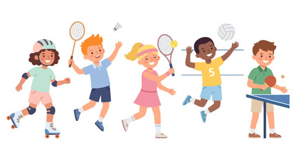 Fototapeta premium Children engaged in various sports activities including roller skating tennis volleyball and table tennis in a playful outdoor