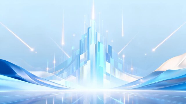 Abstract Futuristic Cityscape with Crystal Towers and Light Beams on a Blue and White Gradient Background
