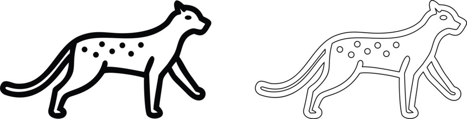 Minimalist black and white of a walking leopard with spots, isolated on a white background, wild cat set © Abul