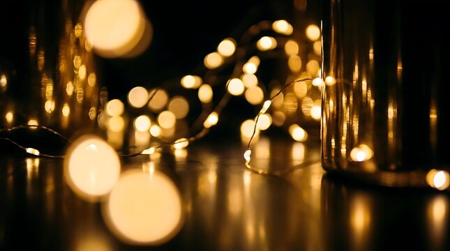 Golden bokeh fairy lights on dark wooden surface.