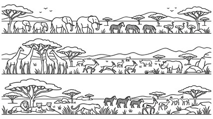 African wildlife panorama vector line art collection with silhouettes. © SADIKUR