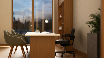 Fototapeta premium Cozy minimalist home office with white desk and computer.