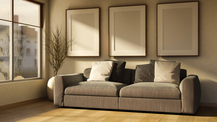 Cozy living room featuring grey sofa and empty picture frames.