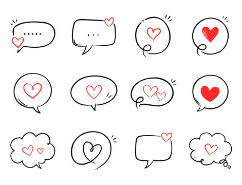 Cute Heart Speech Bubble Icon Set Hand Drawn Line Art,