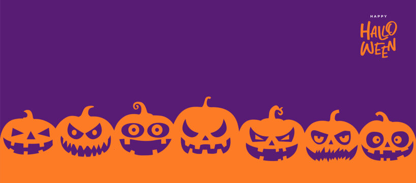 Modern Halloween Seamless Background with Cute and Spooky Jack O Lantern Pumpkins. Flat vector illustration for banners, party invitations, seasonal branding, packaging, posters and social media.