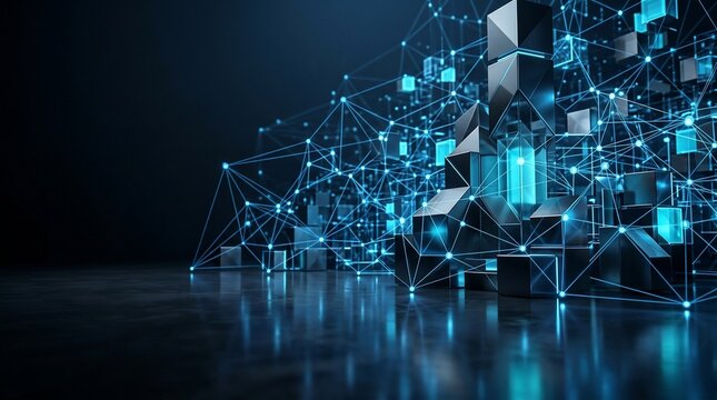 Abstract digital network connecting geometric cubes in blue light