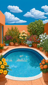 Sunny courtyard with a blue kidney-shaped pool surrounded by terracotta pots of colorful flowers and lush plants beneath a bright sky with fluffy clouds.
